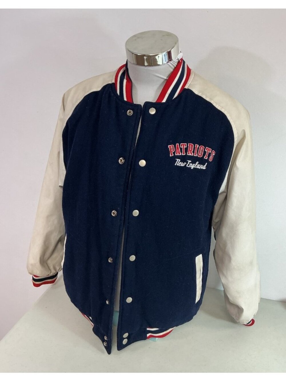 New England Patriots Wool Varsity Jacket NFL Navy Blue Mens XL